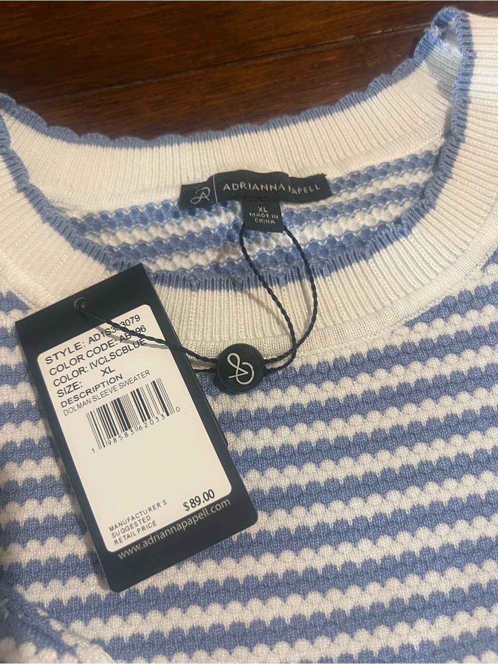 Adrianna Papell Blue and White Striped Short-Sleeve Knit Top - Picture 3 of 4